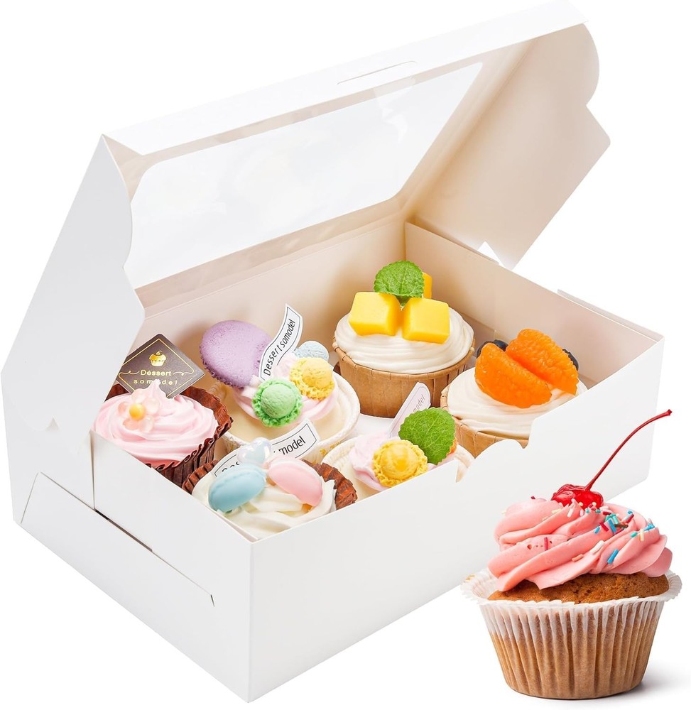 6 Pack Cupcake Boxes with Inserts 6 Holders, White Standard Bakery Boxes with Wi