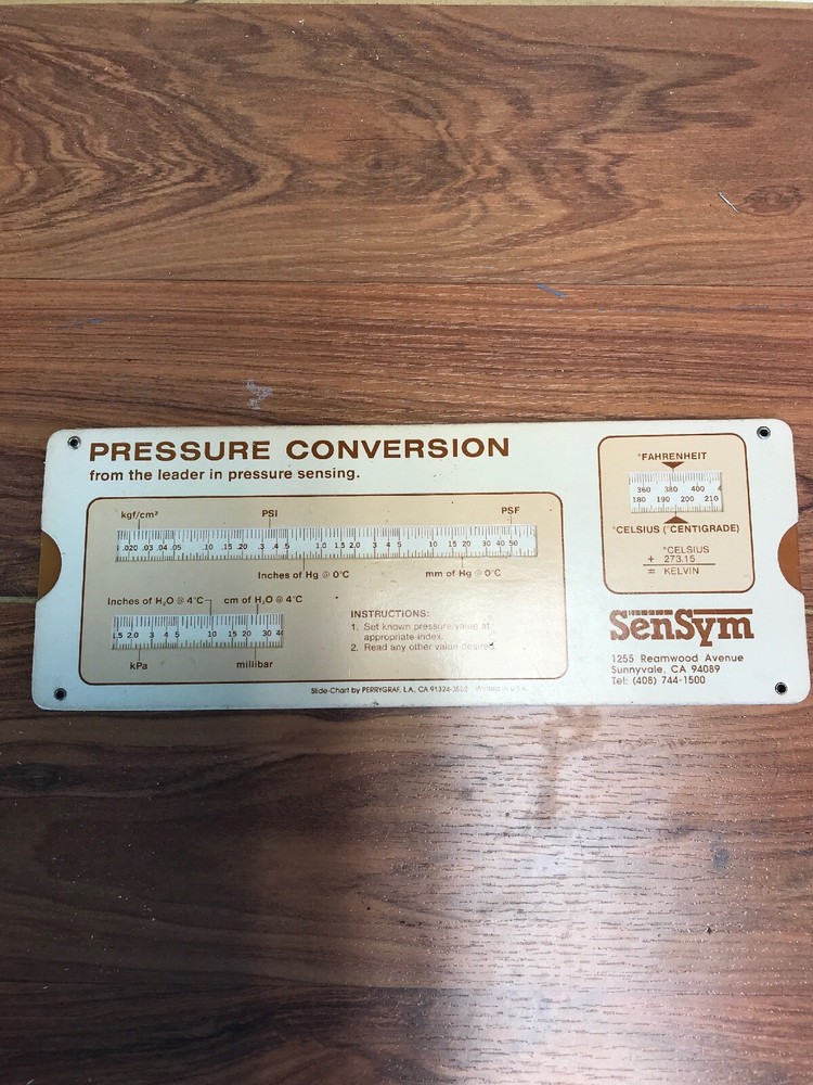 SenSym Pressure Conversion Slide Calculator Chart Slide Rule
