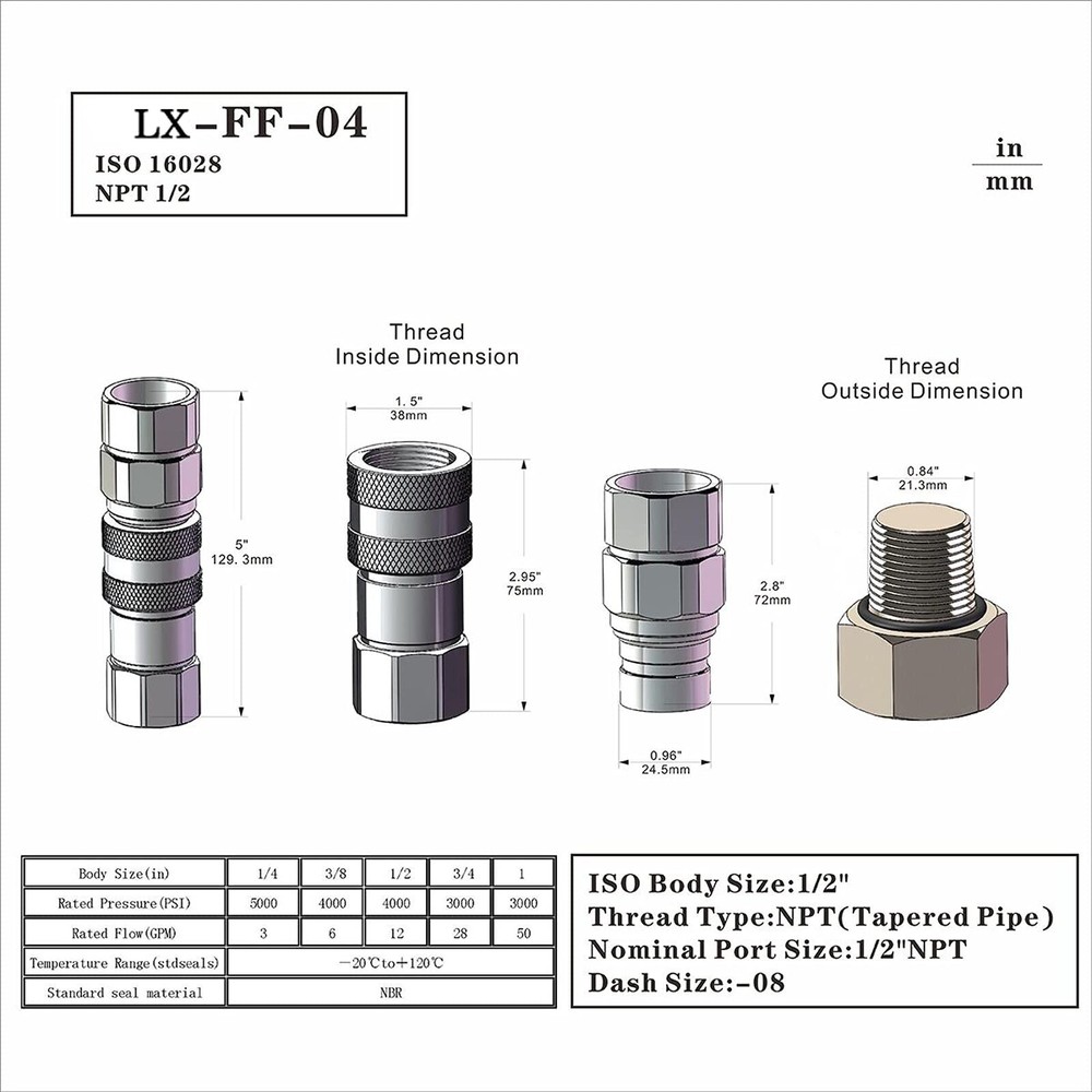 LX-FF-04 1/2" Skid Steer Bobcat Flat Face Hydraulic Quick Disconnect Coupling...