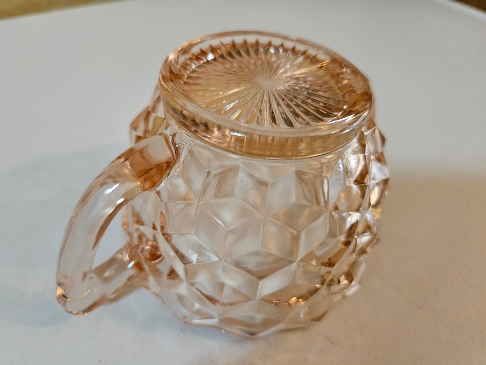 Depression Pink Jeannette Glass Open Sugar Bowl 2 Handles Cube Pattern