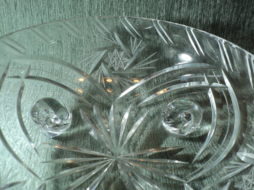 Crystal round covered footed candy dish.