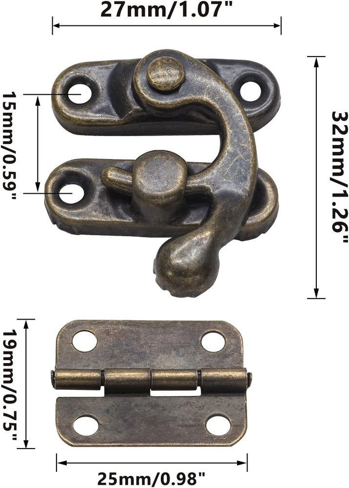 Antique Bronze Right Latch Hook Hasp, Small Box Hinges and Retro Latch Lock
