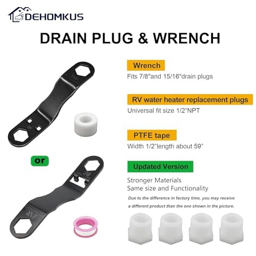 RV Water Heater Drain Plug Kit, Include 1 Pieces Angled Wrench, 4 Pieces 1/2"