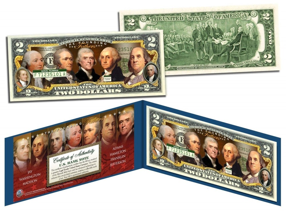 FOUNDING FATHERS COLORIZED OBVERSE LICENSED $2 BILL! W/H PROTECTIVE FOLIO & COA