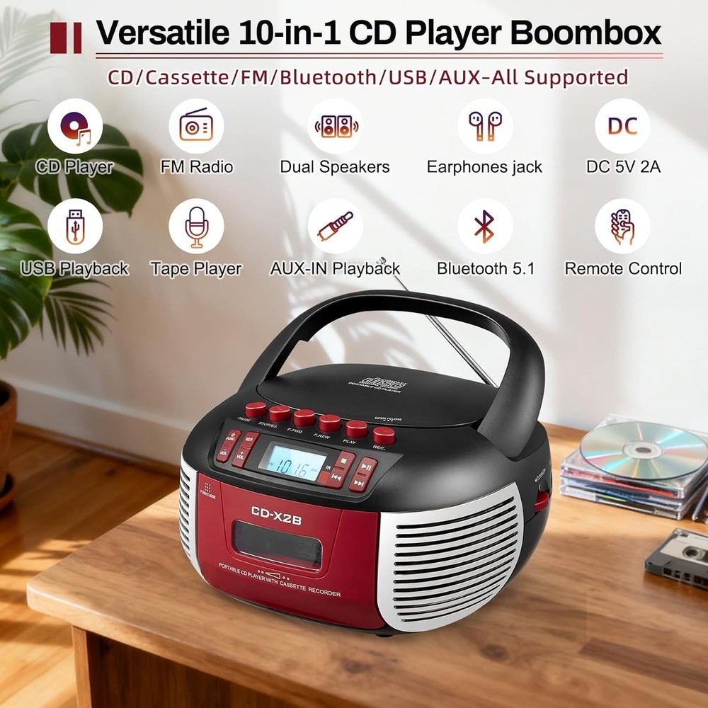 Versatile Boombox: CD & Cassette Player with Bluetooth, USB, and Remote Control