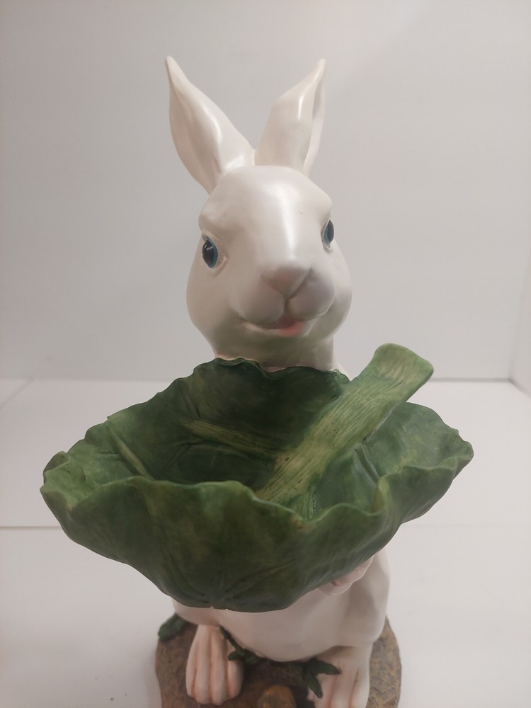 Bunny Rabbit Statue Candy Bowl Server Figure 12" White Resin White Cabbage Leaf