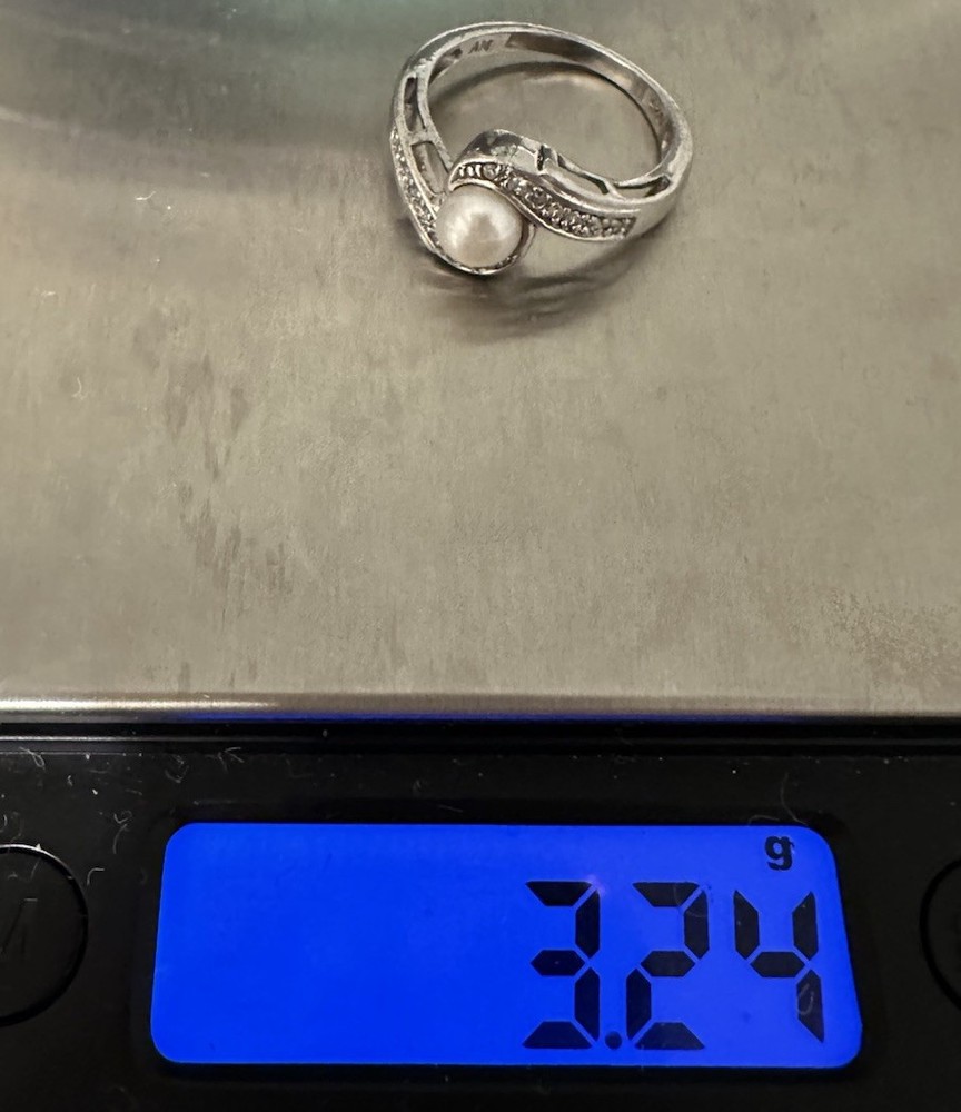 STERLING SILVER PEARL & CZ BYPASS SETTING RING SIZE 7