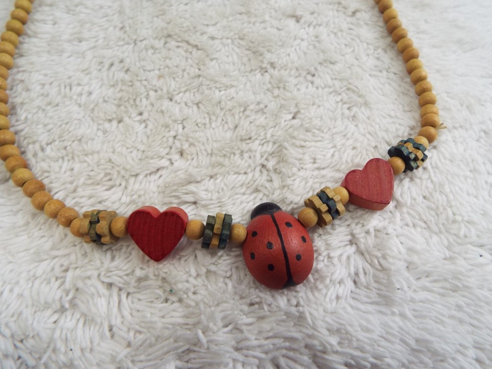 Red Lady Bug Tan Wood Bead Necklace (F4)