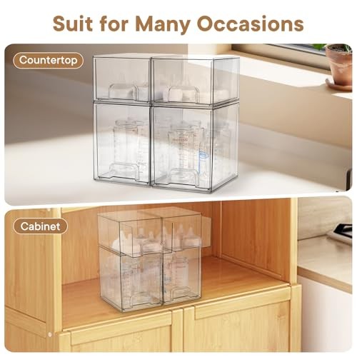 Baby Bottle Organizer, 4 Pack Clear Space-Saving Stackable 2 High + 2 Small