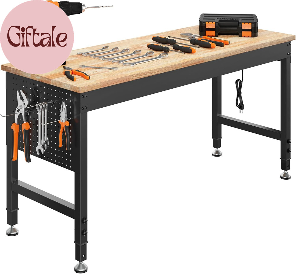 60" Adjustable Heavy Duty Workbench, 2000 LBS Load Capacity Rubber Wood Work Tab