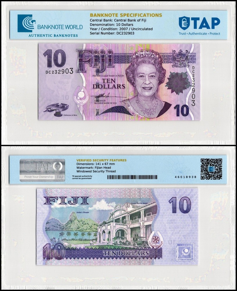 Fiji 10 Dollars, 2007 ND, P-111a, UNC, TAP Authenticated