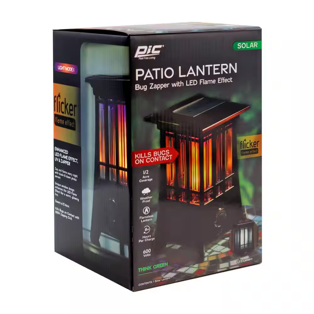 Solar Patio Lantern Bug Zapper, 1/2 Acre Coverage, Led Flame Effect