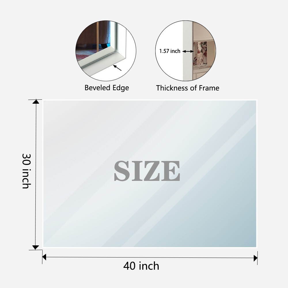 40x30 Inch Glossy White Rectangular Wall-Mounted Bathroom Mirror with Beveled