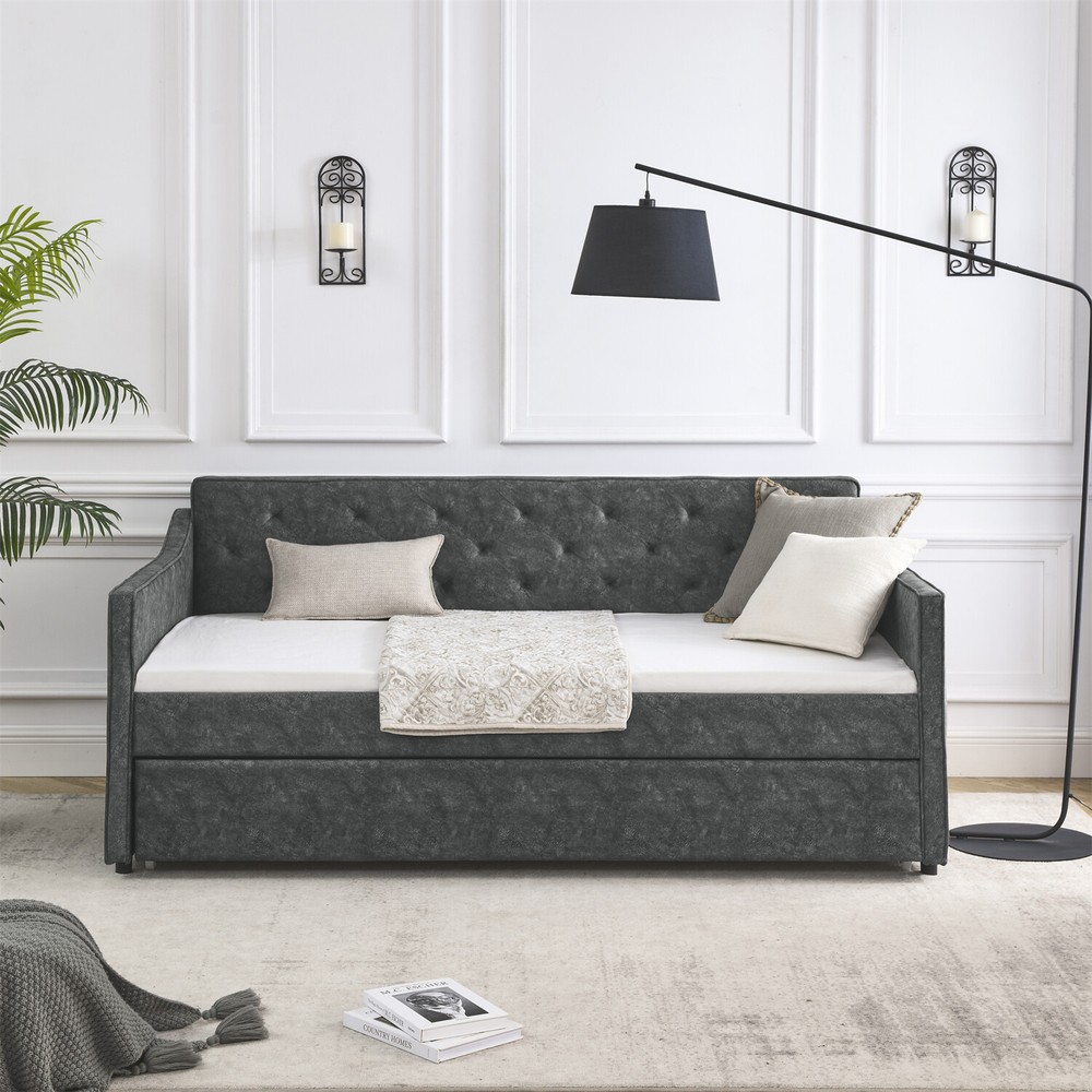 Twin Size Daybed Upholstered Bed Frame Sofa Bed w/ Twin Size Trundle Grey