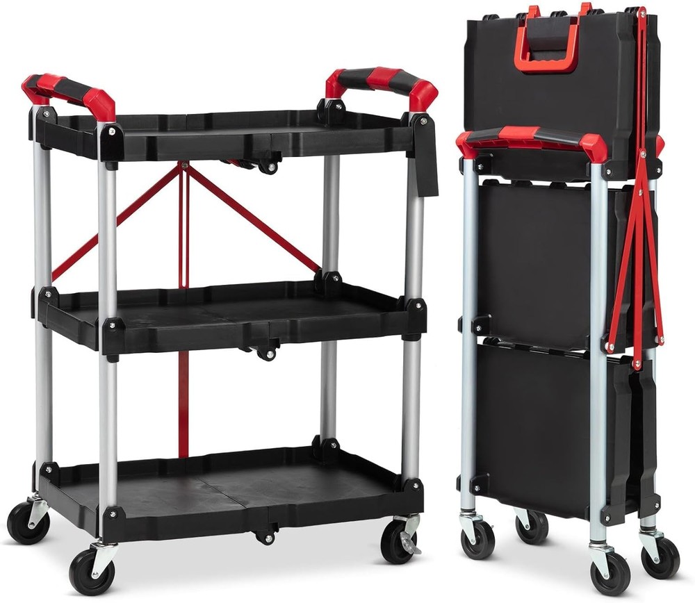 Heavy Duty Utility Cart Multi-Function 3-tier Service Cart with Wheels Foldable