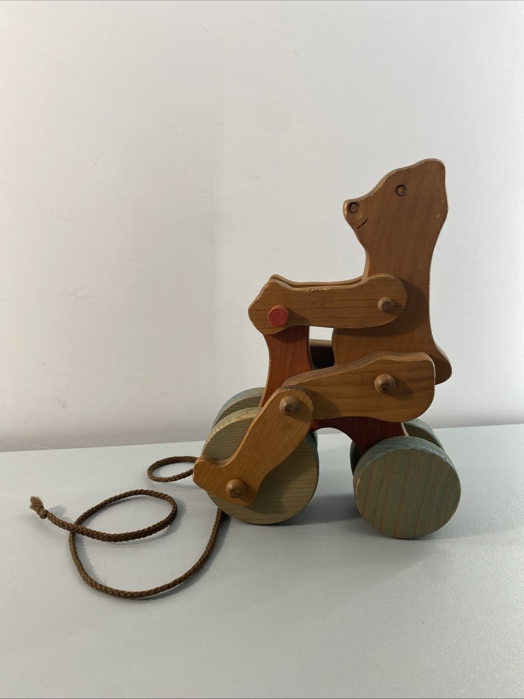 Vintage Wooden Bear Pull Toy String 10x7x4” Clacker Decor MCM