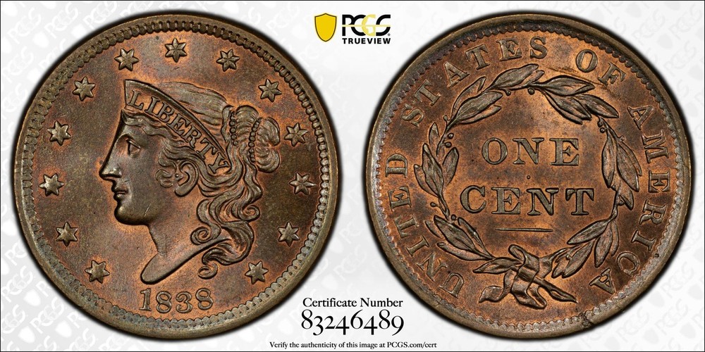 1838 1C Newcomb 10 Coronet Head Cent PCGS MS66+BN (CAC)