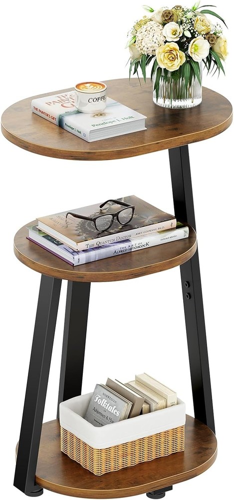 Side Table Small End Table W/ Metal Frame 3-Tier Bedside Tables Round Brown
