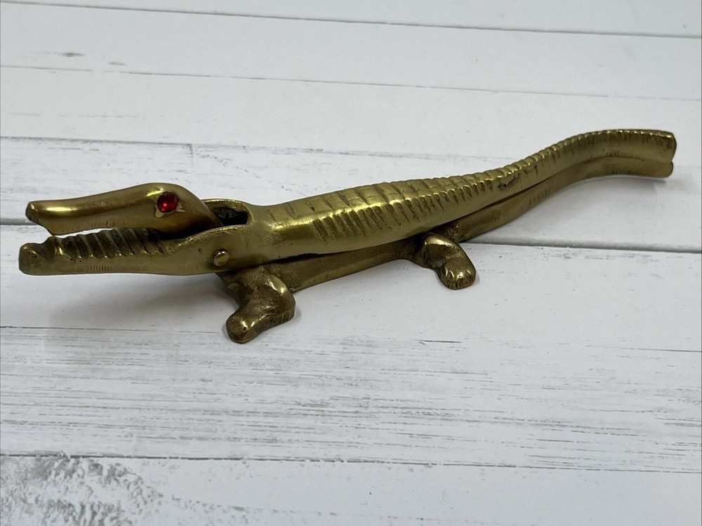 Brass Bronze Alligator Crocodile Reptile Nutcracker Nut Cracker W/ruby Eye 7”