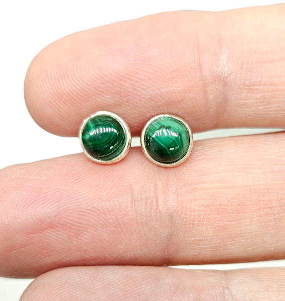 Malachite Studs, Sterling Silver, Round Shaped Earrings, Beautiful Rich Green