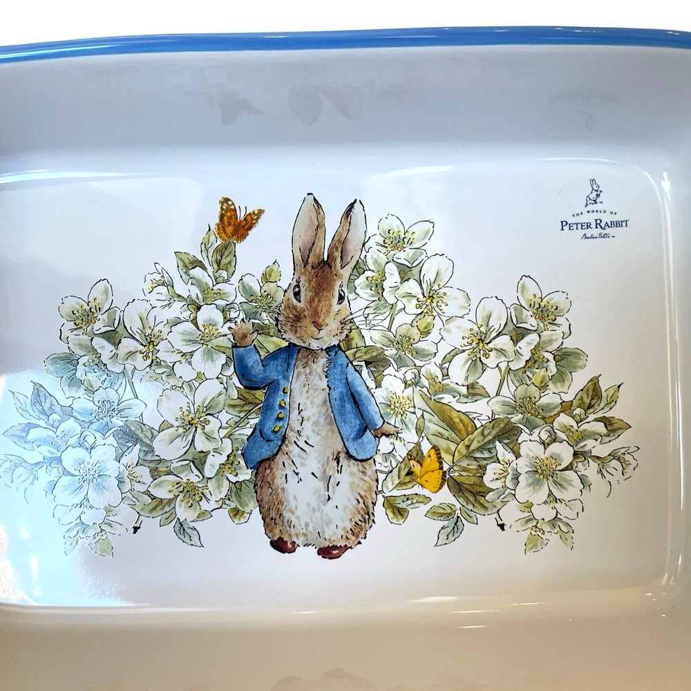 Beatrix Potter Peter Rabbit Rectangular Ceramic Baker Blue Rim Easter NEW