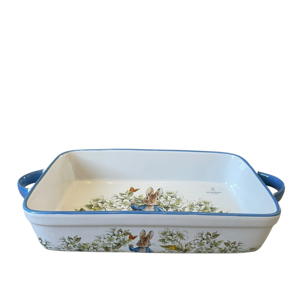 Beatrix Potter Peter Rabbit Rectangular Ceramic Baker Blue Rim Easter NEW