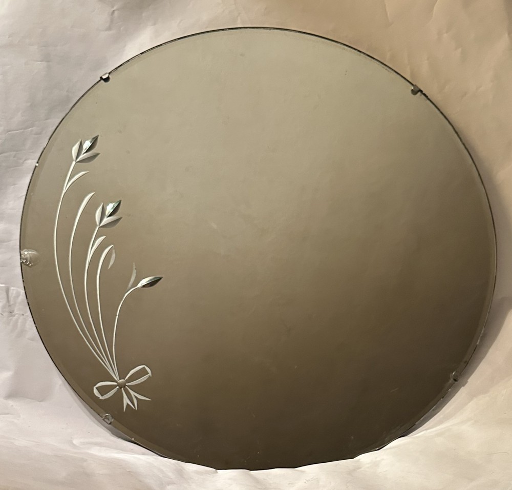 ART DECO ETCHED BEVELED CIRCULAR 24" WALL MIRROR 1940s