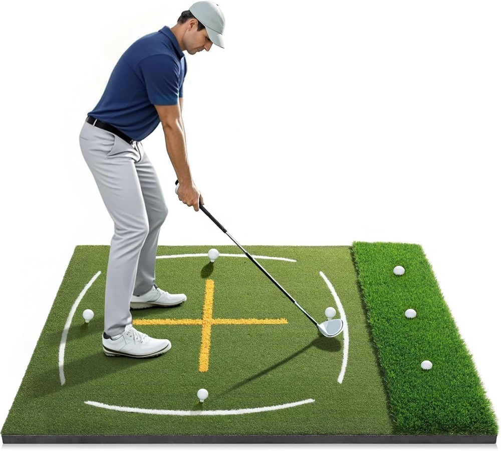 Golf Mat with Dual Turf | Golf Hitting Mat with Standing Guide-Line & Swing Path