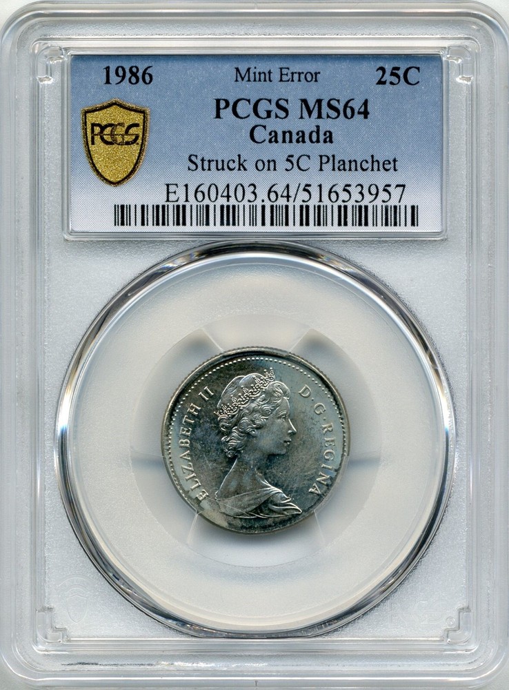 1986 Canada 25 Cent MINT ERROR, Struck on 5 Cent Planchet - PCGS MS 64