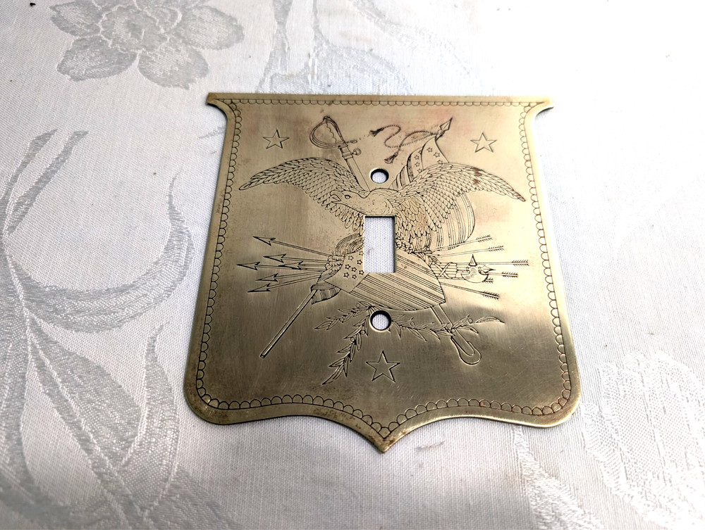 Vintage Brass  Switch Cover Plate Detailed Etched Eagle Flag  Shield