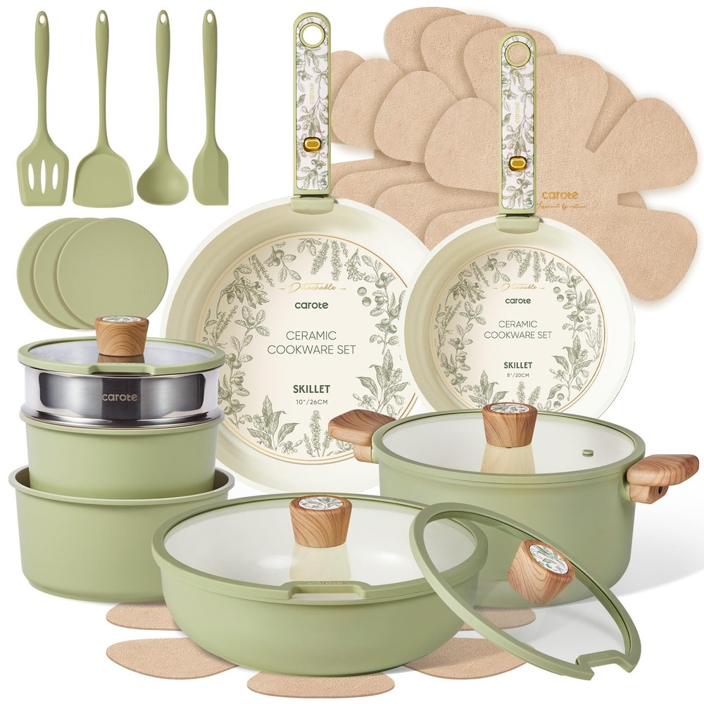 25-Piece Ceramic Cookware Set Nonstick Pots and Pans with Detachable Handle