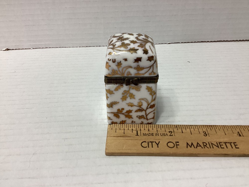 White Ceramic Rectangular Trinket Box Gold Vine Design