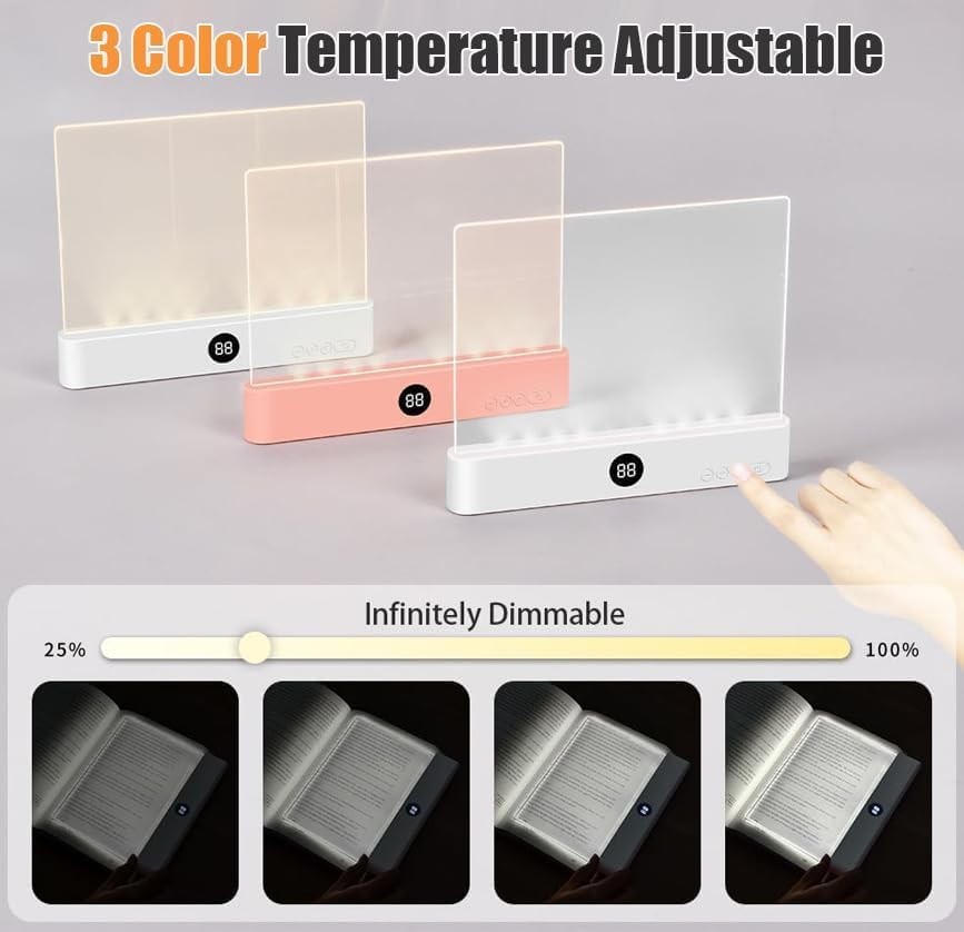 Book Light, 3 Color Adjustable LED Flat Reading Light, Rechargeable Clear Pan...