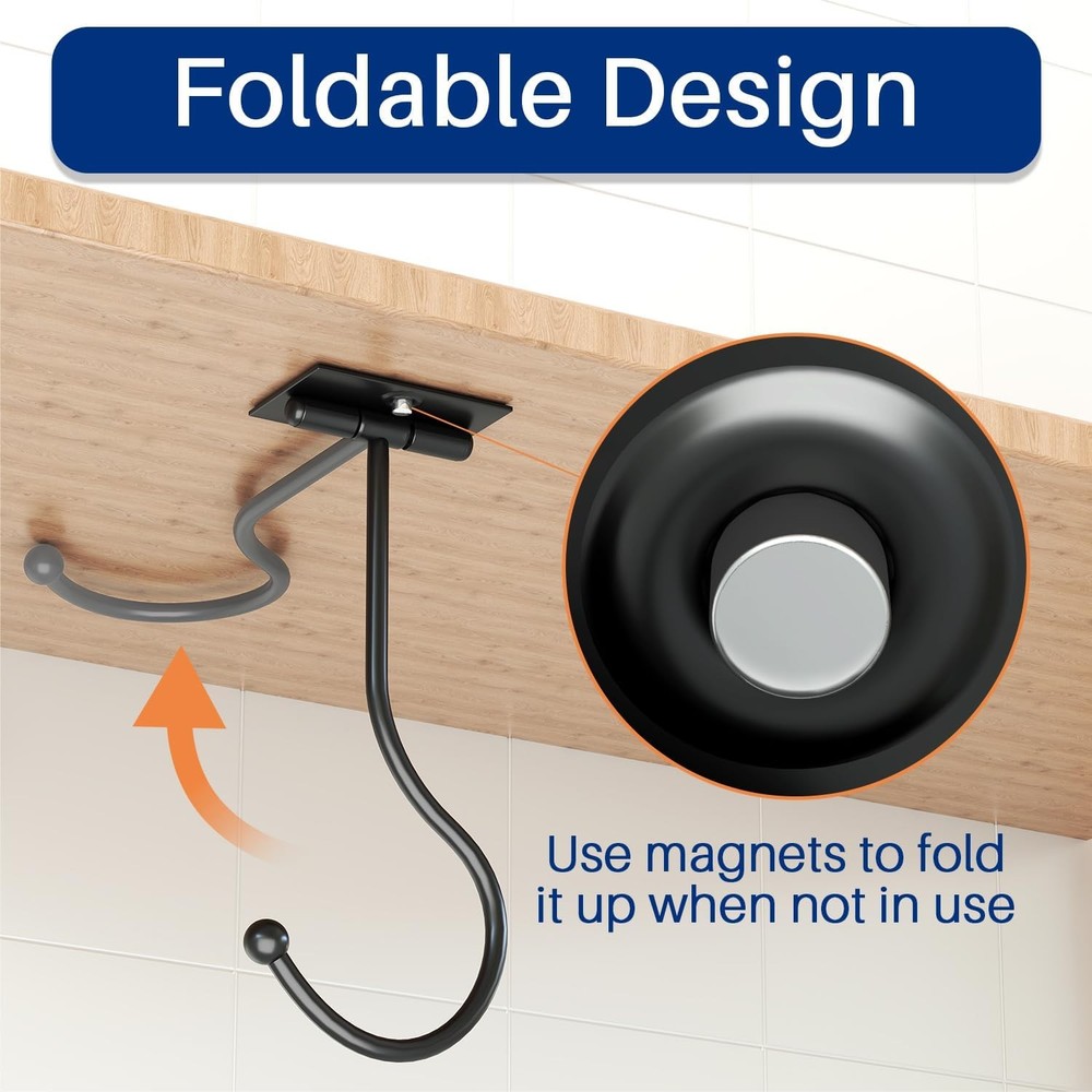 Under Cabinet Banana Hook Foldable - Fold up with Magnets When 1 Pack, Black