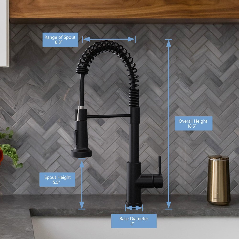 Black Kitchen Faucet with Pull Down Sprayer Single Hole Spring Kitchen Sink F...