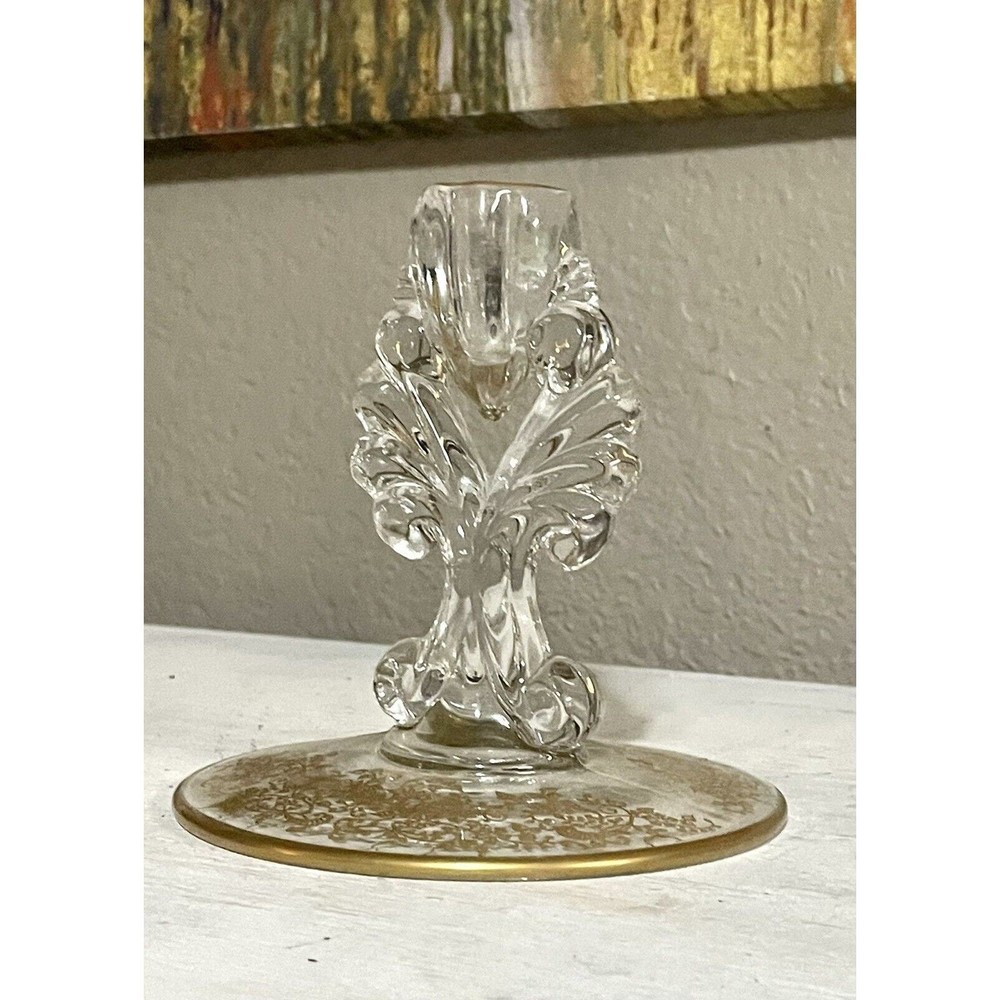 Single Gold Etched Glass Candlestick Holder
