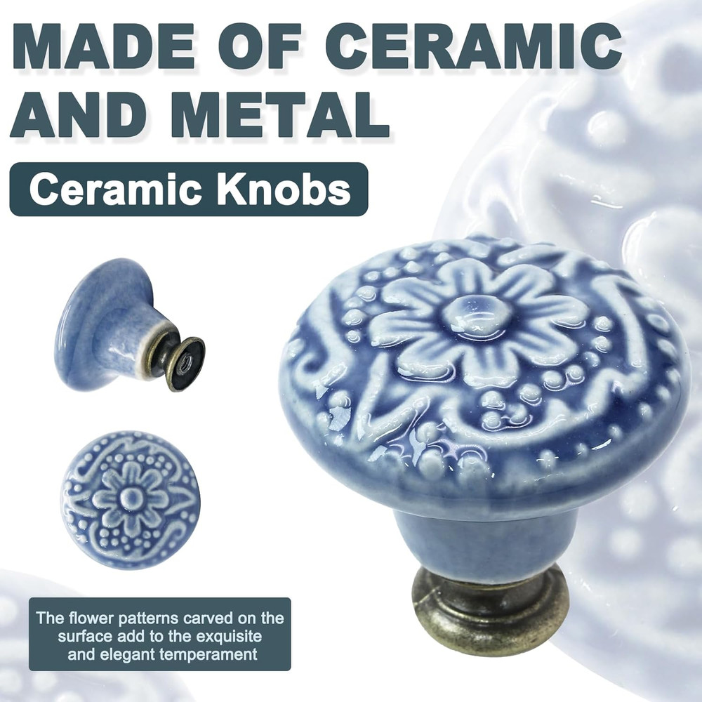 12 Pcs Light Blue Vintage Round Ceramic Cabinet Knobs and Pulls for Drawer, Cupb