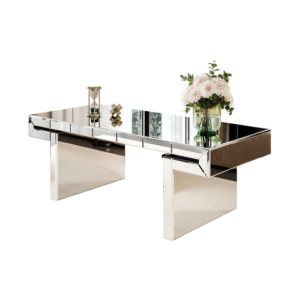 47 Inches Luxury Rectangular Mirror Coffee Table with Fluted Tempered Glass, Mo