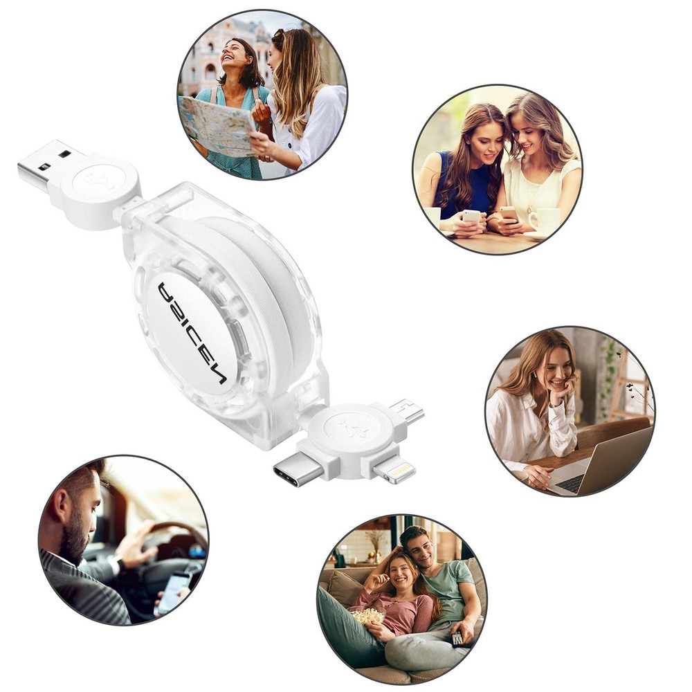 3 in 1 Retractable Multi Charging Cable, 2Pack Fast Cord White