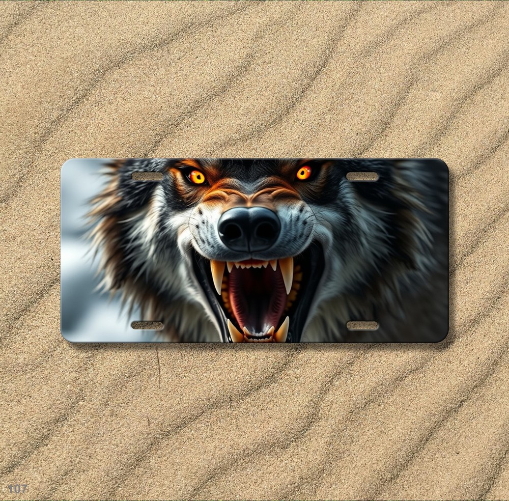 Striking Wolf License Plate Snarling Design Custom Vanity Plate Special Gift