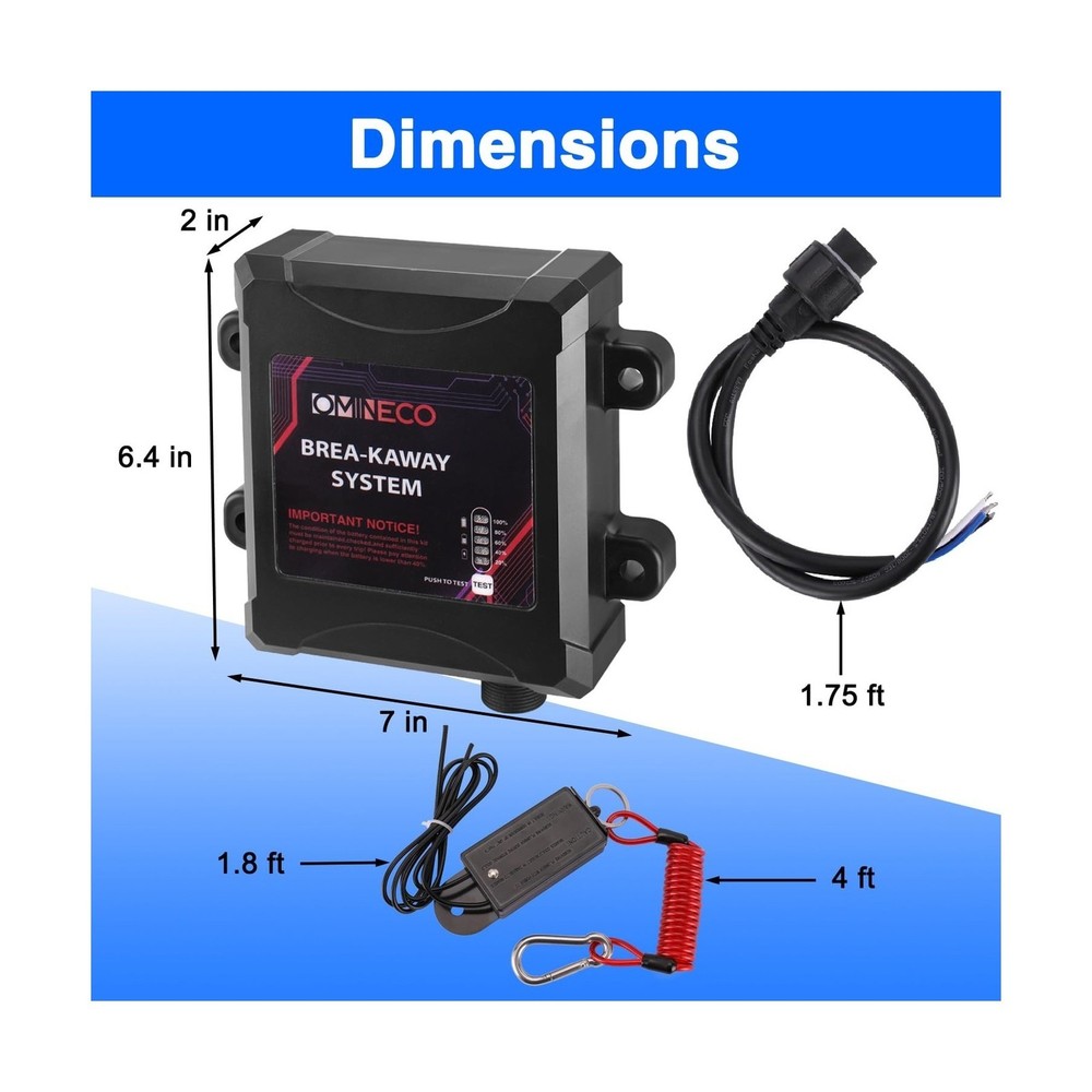 Trailer Breakaway System, Coiled Cable Switch, LED Indicator, 12V Battery Box...