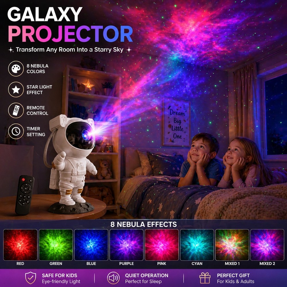 Astronaut Galaxy Projector Night Light, Remote Control, USB, Adjustable