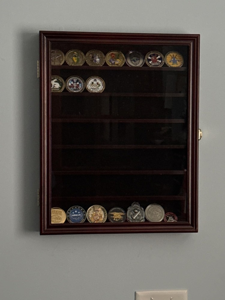 Premium Lockable Challenge Coin Display Case - Mahogany Finish, Wall Mountable