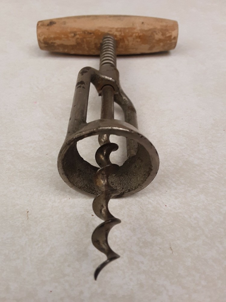 Vintage Mechanical Corkscrew Open Barrel Spring Wooden Handle Barware