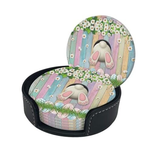 6 Pcs Easter Eggs Bunny Coasters with Holder,Office Bar Dining Table Home
