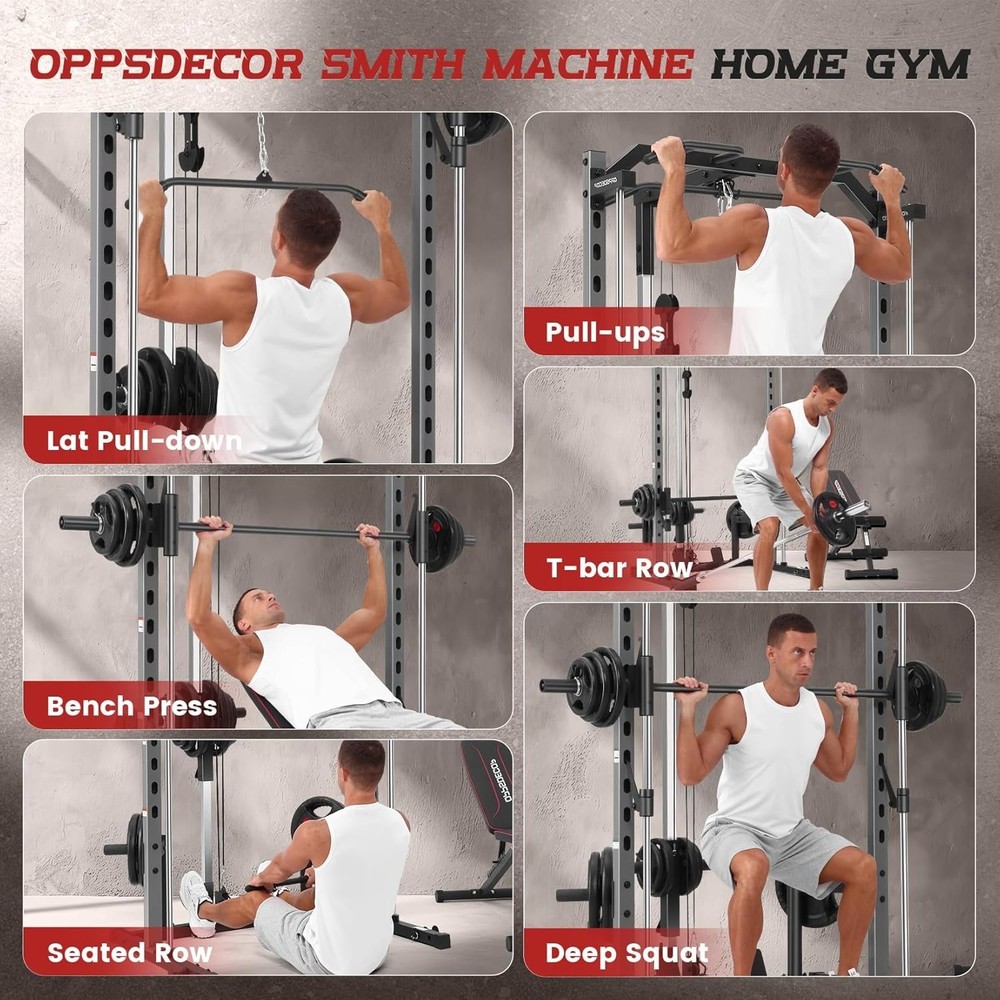 Smith Machine, Multi-Function Power Cage Squat Rack with LAT-Pull Down System US