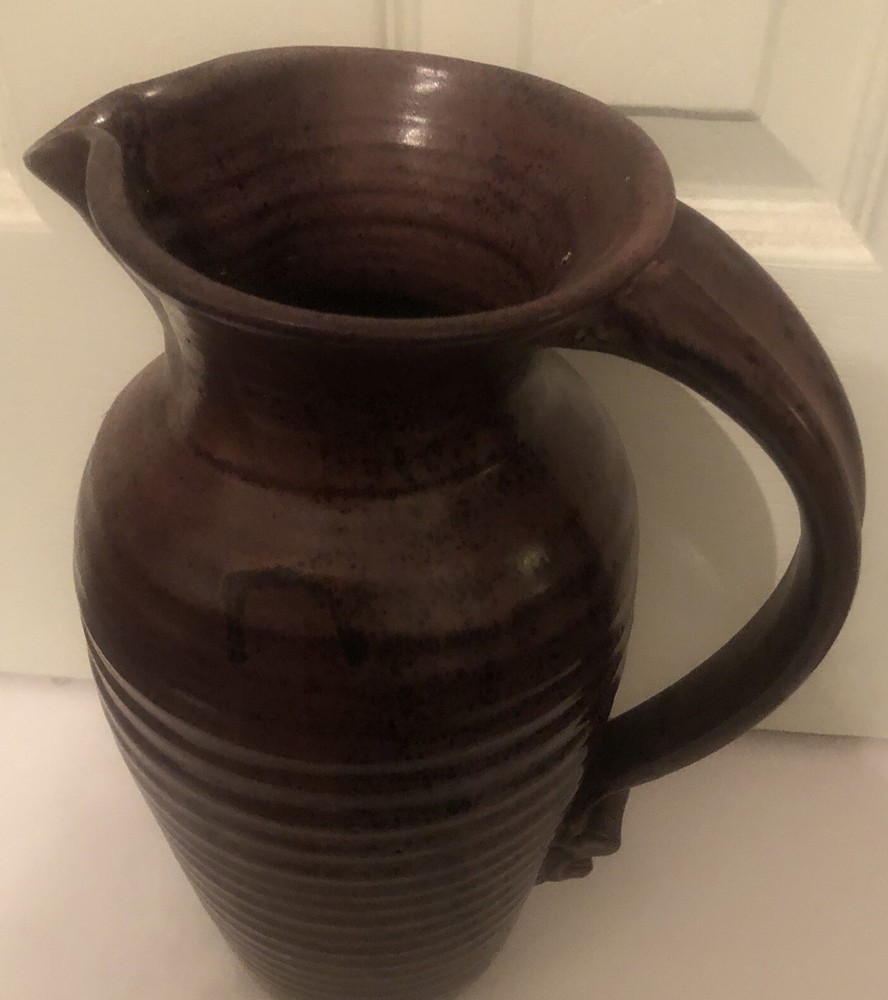 Art Pottery Ceramic Pitcher Rustic Drip Glaze Ribbed Pattern Scroll Handle 11.5”