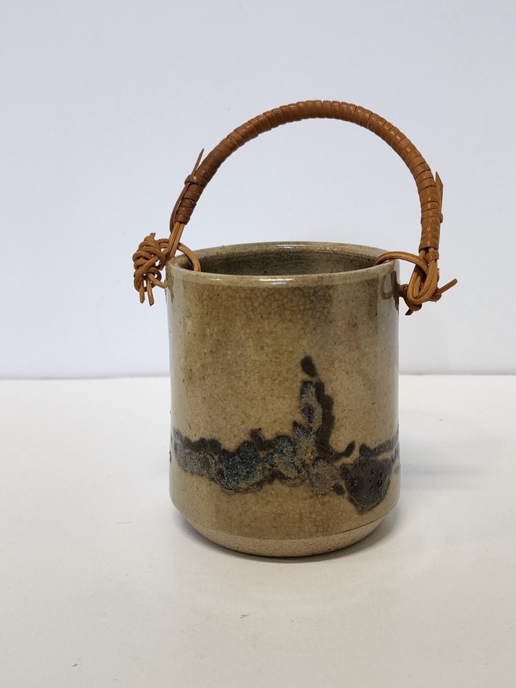 Pottery Pot Vase Knick Knack With Handle Tan Blue Signed Container Decore