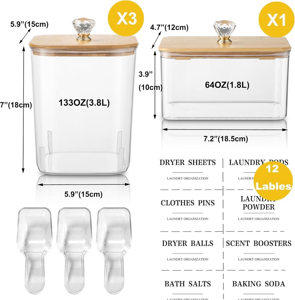 4 Pack Clear Laundry Pods Container & Dryer Sheet Holder Set with Lid, Laundry