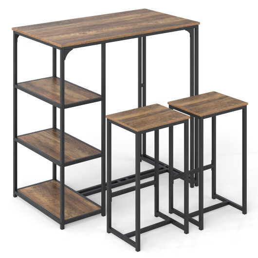 3-Piece Bar Table Set for 2 Bar-Height Dining Table with 2 Stools-Rustic Brown -